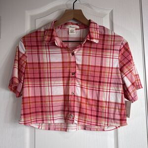 Passport Juniors Pink Plaid Short Sleeve Cropped Button Up Shirt Size S - NWT!